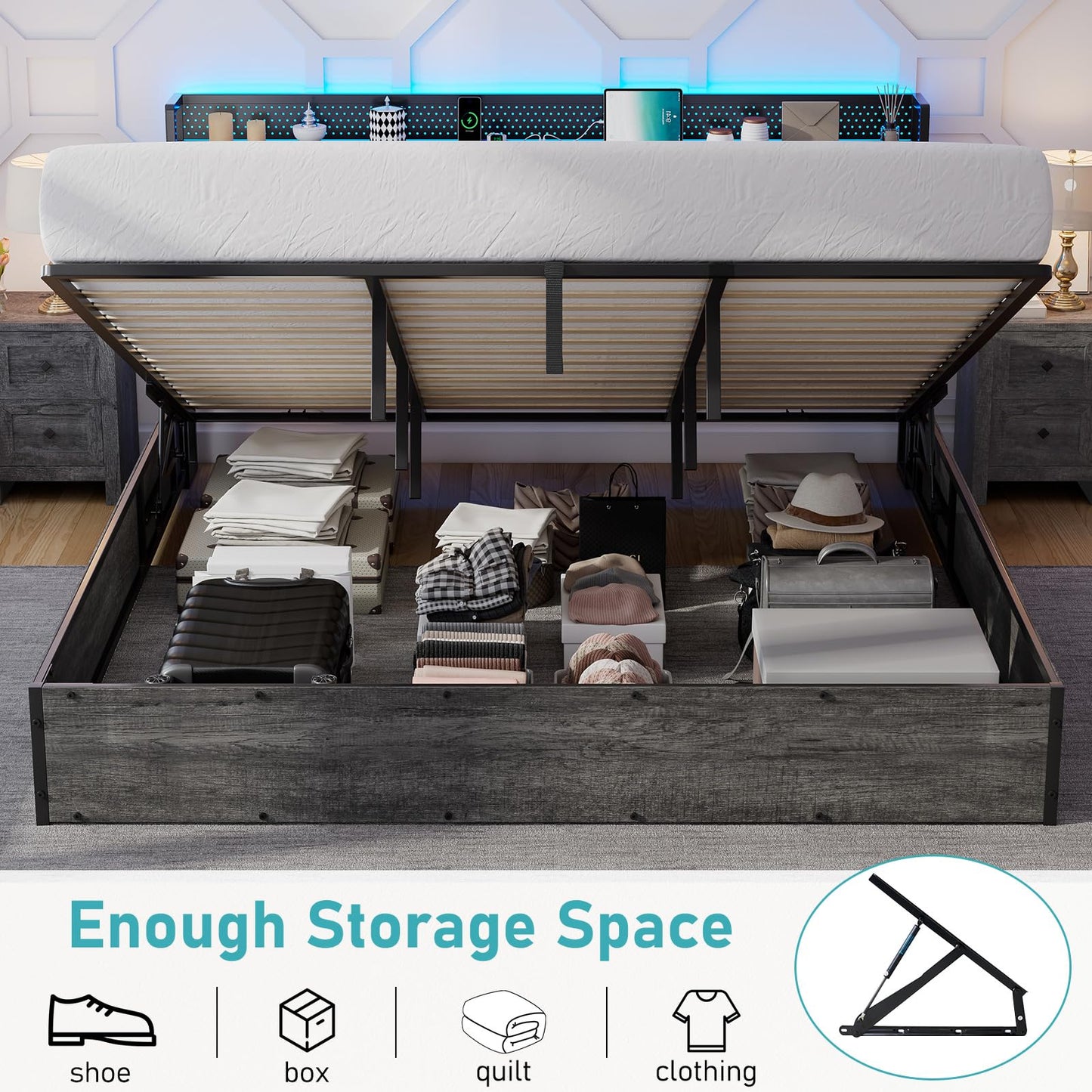 LUXOAK King Size Lift Up Storage Bed Frame with LED Lights, Linen Upholstered Headboard with Charging Station, Wooden LED Light Platform Bed Frame, No Spring Box Needed, Rustic Grey