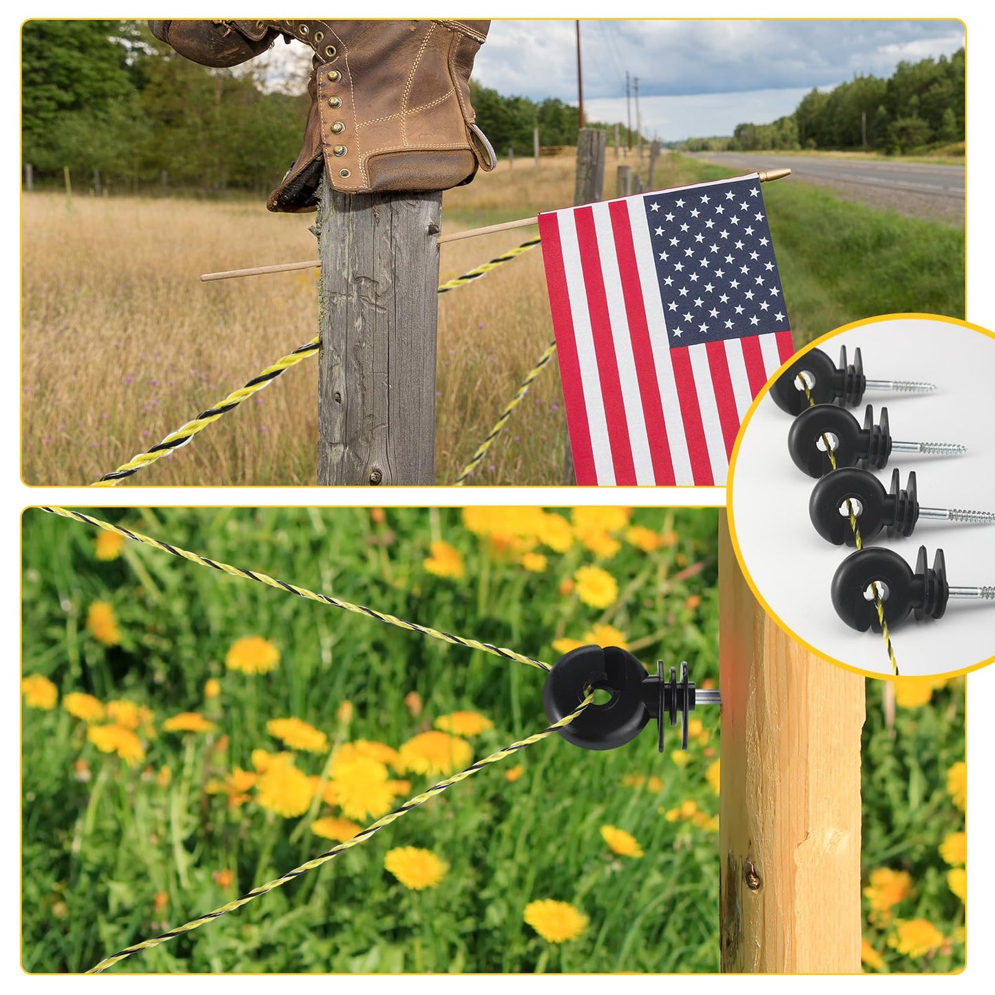 Kanayu 52 Pcs Electric Fence Kit Include 1640 ft Poly Wire 25 Black Fence Ring Insulators 25 Yellow T Post Insulators Socket Tool for Pet Animal Horse Cattle Livestock Pasture
