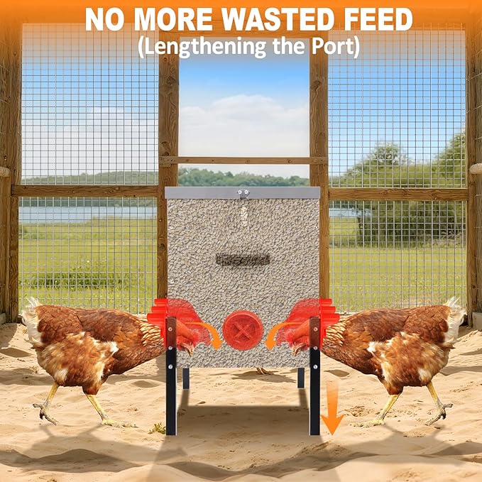 50LB Automatic Chicken Feeder–8 Feeding Ports No-Waste Galvanized Metal Chicken Feeder Box with Adjustable Legs & Locking Lid Poultry Feeder for Chickens,Ducks,Geese,Rust-Resistant