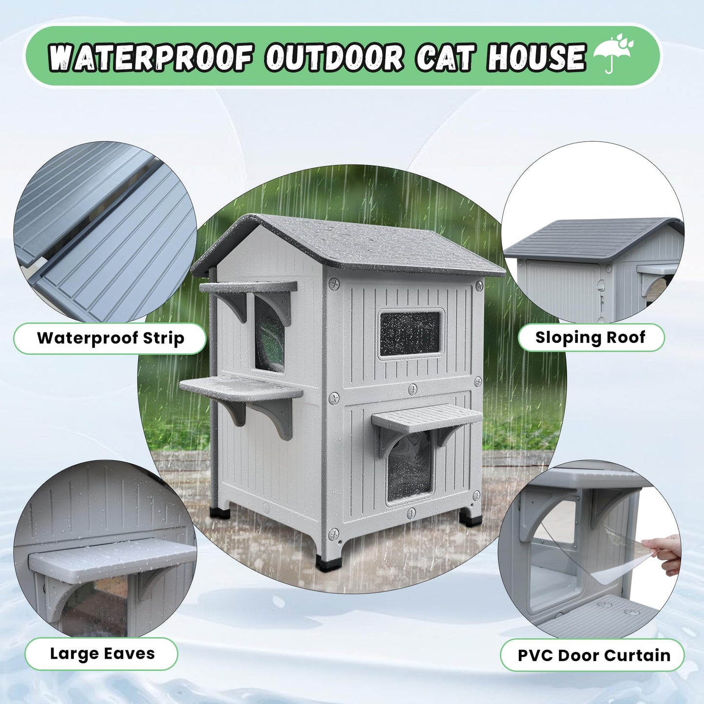 Insulated Outdoor Cat Houses - Waterproof 2 Story Cat House for Outside with Escape Door for Winter，Elevated Outdoor Cat House for Feral Stray Barn Cat Kitty