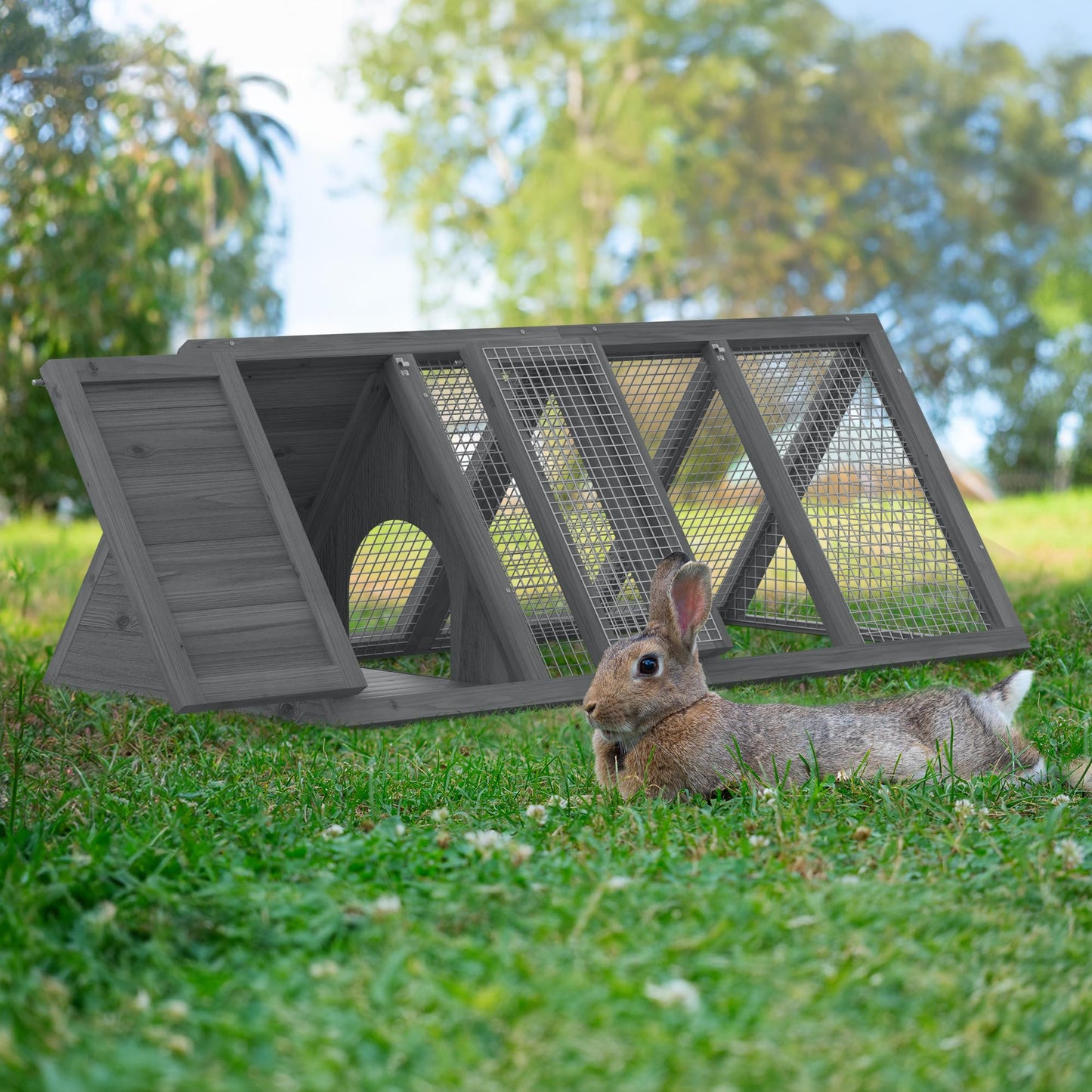 Rabbit Hutch, Small Chicken Coop Outdoor A-Frame Quail Cage with 2 Door & Run Cage Wooden Triangle Quail Hutch with Ventilating Wire Poultry Hutch for Small Animal (Gray)