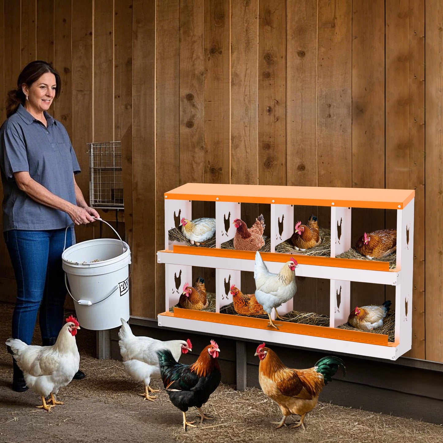 Garvee Chicken Nesting Box with Removable Tray, 8 Compartment Nesting Boxes for Chickens, Easy to Clean and Install, Chicken Laying Boxes for Chicken Coop to Protect Eggs, Orange