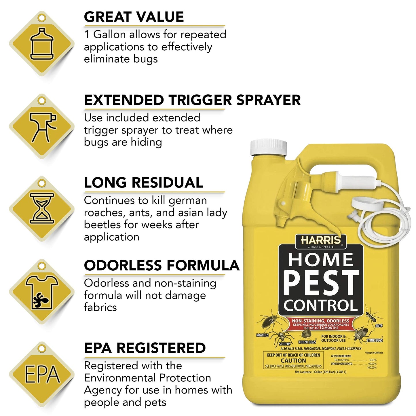 Harris Home Insect Killer, Liquid Gallon Spray with Odorless and Non Staining Residual Formula - Kills Ants, Roaches, Spiders, Kudzu Bugs, Stink Bugs, Fleas, Mosquitos, Scorpions, Flies and Silverfish