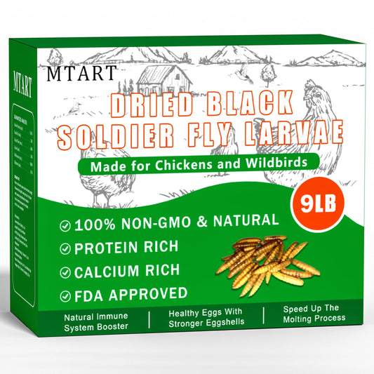 MTART 9LB Dried Black Soldier Fly Larvae Treat for Chicken, 100% Natural Non-GMO More Calcium Than Dried Mealworms High Protein Chicken Feed for Birds, Ducks, Layer Hens