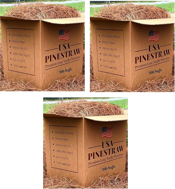 USA Pine Straw - Premium Pine Needle Mulch (Pine Needle Mulch - Covers 300 Sqft (1) (3) Set)