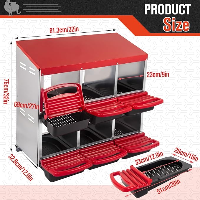 6 Hole Chicken Nesting Box - Heavy Duty Red Metal Roll Away Egg Laying Box for Hens with Perch & Ventilation - Wall Mount Poultry Coop Nest Box with Removable Tray