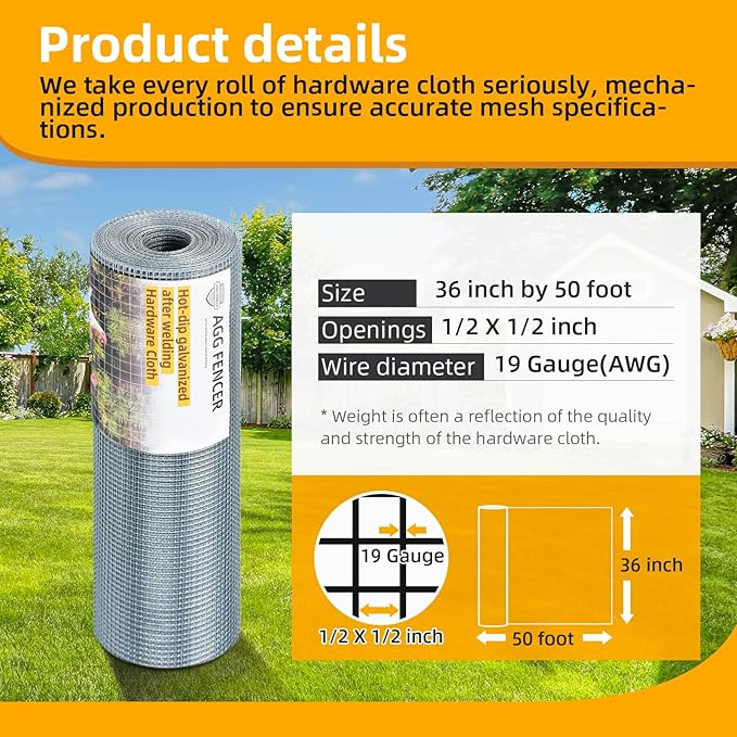 36inch x 50ft Hardware Cloth 1/2 inch Chicken Wire Fencing 19Ga, Hot Dipped Galvanized After Welding Garden Plant Supports Welded Metal Chicken Wire Fence, Poultry Animal Netting Cage Screen