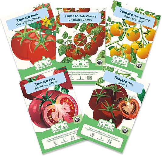 Epic Gardening Tomato Lovers Seed Bundle - 5 Juicy Varieties, Includes Brandywine, Chadwick Cherry & Tropical Sunset, Grow Non-GMO Tomatoes for Salads, Sauces & Fresh Snacking