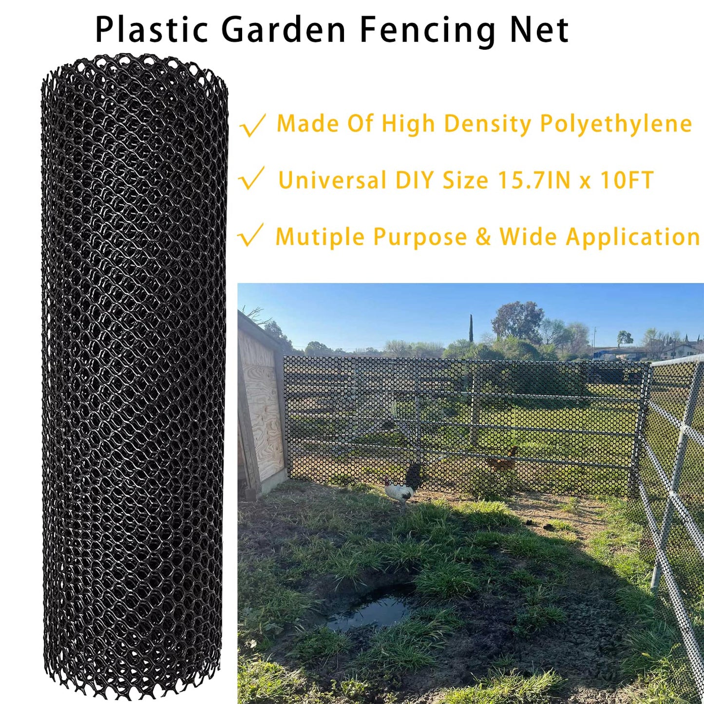 15.7IN x 10FT Plastic Wire Mesh Fence Chicken Mesh Fence for Dogs, Rabbits & Poultry - Chicken Netting - Plastic Fencing & Garden Netting Solution Snake Barrier - Balcony Netting for Pets