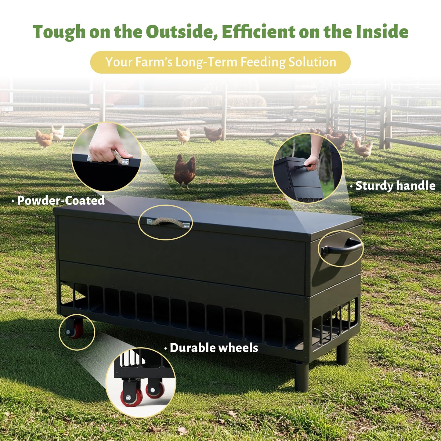 KOL 120 LB Large Chicken Feeder No-Waste, Spill Proof Portable Gravity Chicken Feeder Automatic, Dispenser, 38 Feeding Ports, No Waste Poultry Feeder for Hen Coop