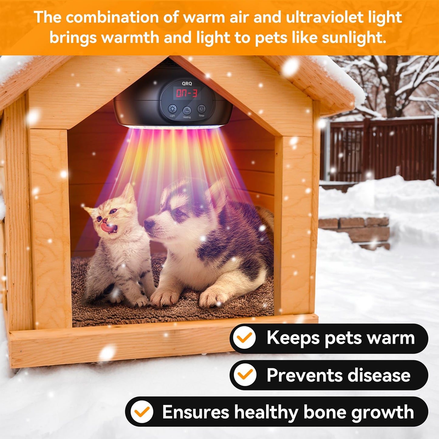 QRQ Chicken Coop Heater, 200W-350W-500W Reptile Heat Lamp with UVA UVB Dimmable Light 3-6-9-12H Timer, Chicken House Dog House Greenhouse Heater Outdoor,for Dog Cats Reptile Bird,Christmas Gifts