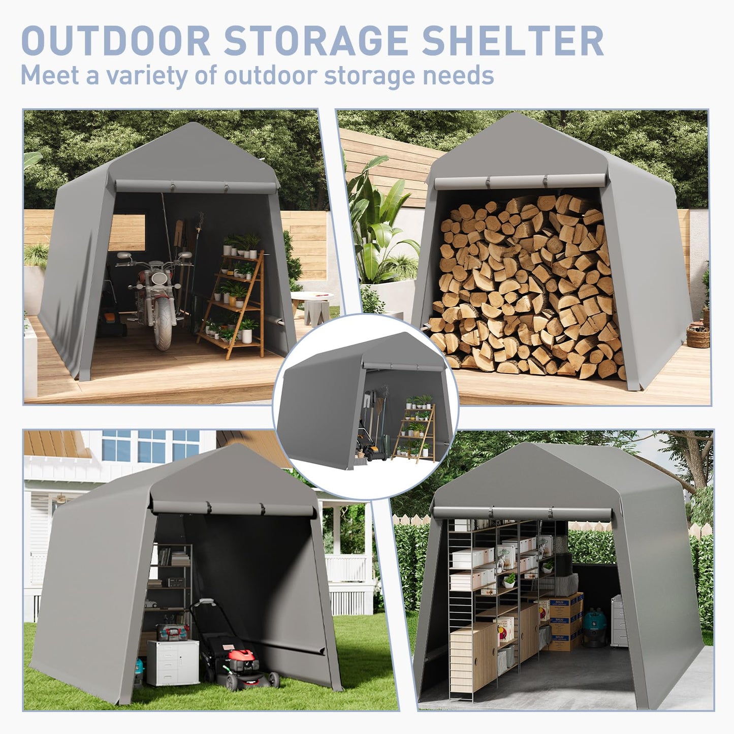 7X12 Ft Outdoor Portable Storage Shelter Shed with Rolled Up Zipper Doors & Vents, Heavy Duty Carport for Motorcycle Waterproof and Uv Resistant Anti-Snow Portable Garage Kit Tent, Gray