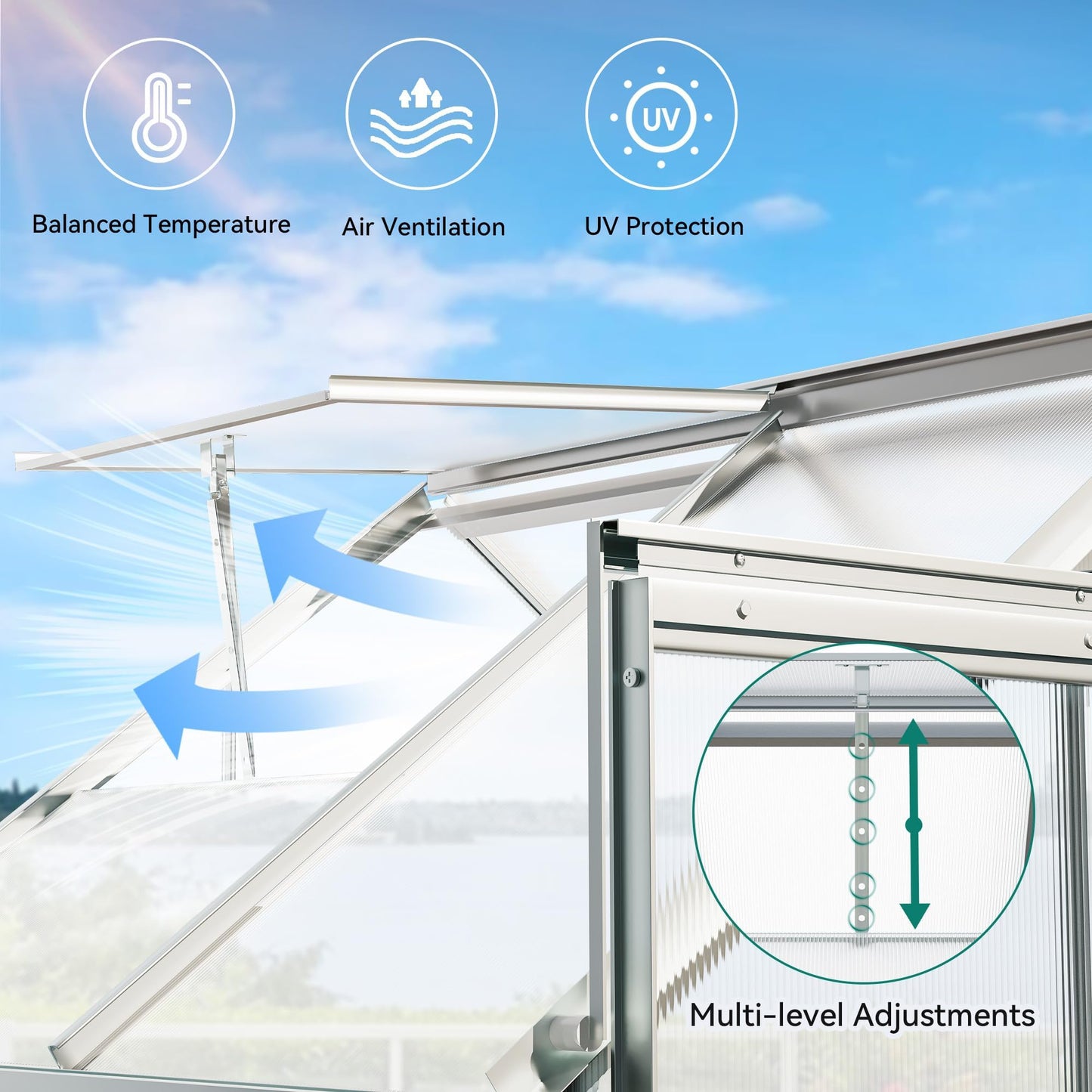 YITAHOME 10x12FT Polycarbonate Greenhouse for Outdoors, Large Heavy Duty Aluminum Greenhouses with Sliding Doors and Vent Window, Walk-in Greenhouse for Garden Backyard, Simple Setup, Silver