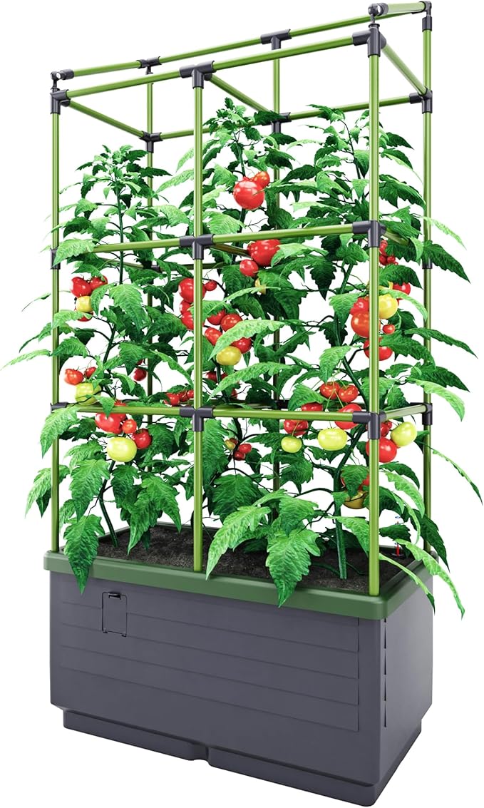 BioGreen Raised Garden Bed with Trellis CITY JUNGLE | 8.98 gal | 13“L x 24“W x 63.4“H | Integrated Irrigation System | Grey Self-Watering Planter Box