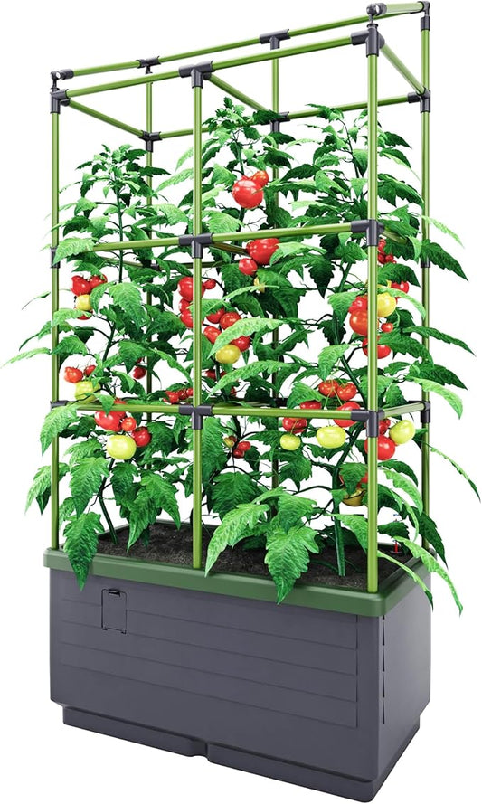BioGreen Raised Garden Bed with Trellis CITY JUNGLE | 8.98 gal | 13“L x 24“W x 63.4“H | Integrated Irrigation System | Grey Self-Watering Planter Box