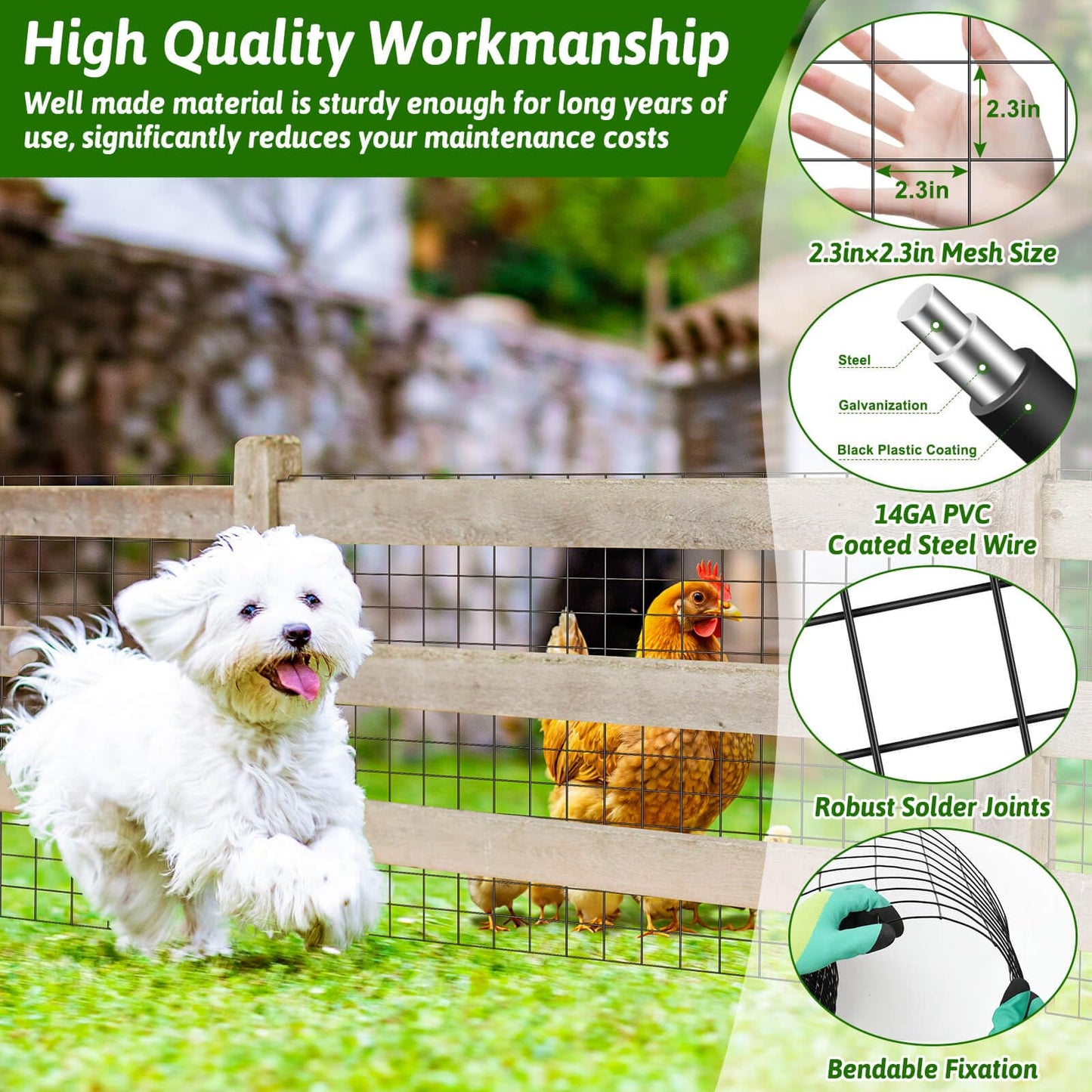 ROADPLUM Welded Wire Fencing 59ft×24in, Black PVC Coated Wire Mesh Garden Fence Vinyl Metal Wire Mesh Wire Fence Rolls for Making Yard Fence Plant Protector Dog Poultry Netting(14Ga, 2.3in X 2.3in)