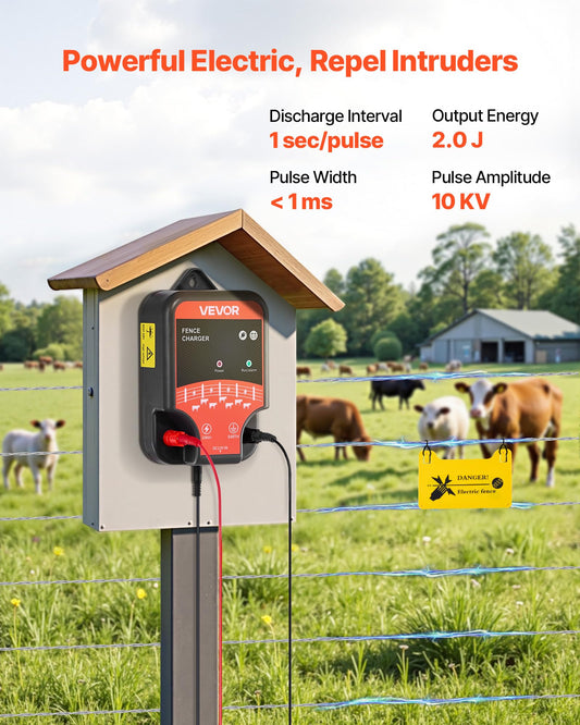 VEVOR Electric Fence Charger, 10kV 2J, AC DC Electric Fence Energizer with LED Indicator, 1.86 Miles Range, Powerful Plug-in Fences Charger, Prevents Wild Animals Intrusion for Livestock Poultry