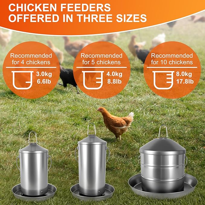 8.8lb Stainless Steel Hanging Chicken Feeder, Metal No Waste Poultry Feeder, Rustproof, Reusable, Long-Lasting, Gravity Feed Chicken Coop Accessories for Chicken, Geese, Duck, Hens, Rooster, Chick