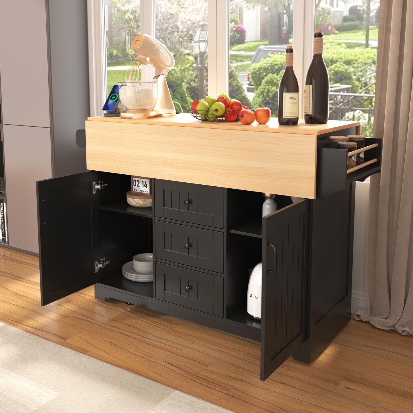 Merax 55.7" Large Kitchen Cart Island on Wheels Foldable Dining Table with 2 Drop Leaf,Power Outlet,3 Drawers,Wood Frame Storage Cabinet