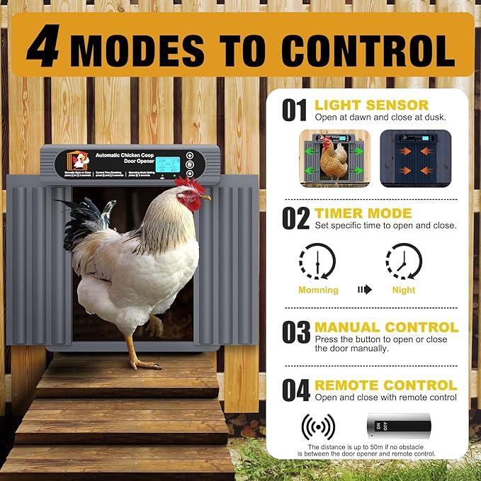Automatic Chicken Coop Door, Anti-Pinch Protection, Extra Large Size, Programmable Timer & Light Sensor Modes, LCD Display, Solar Powered Auto Chicken Door Opener with Remote Control