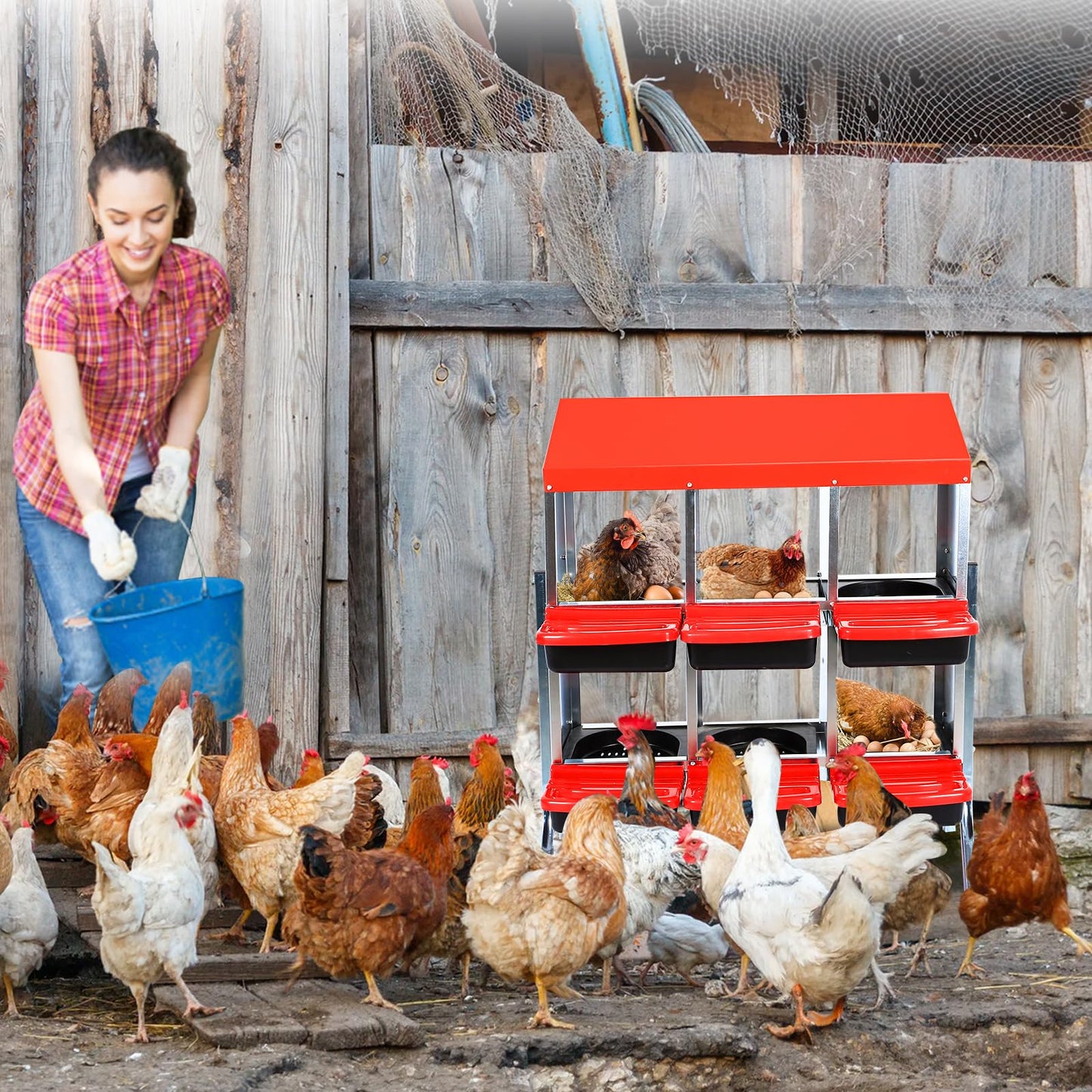 GarveeLife Nesting Boxes for Chickens, 6 Holes Chicken Nesting Boxes with Legs, Chicken Laying Box with Lid Cover, for Outdoor Chicken Coop Farm Yard, Red