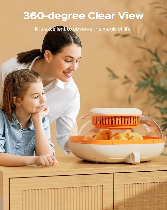 [2024 Upgrade] 25 Egg Incubator, Automatic Egg Turner with Thermometer Seat and Humidity Control, Egg Candler, 360° View with Clear Window, Incubators for Hatching Chicks (Sunlit Orange)