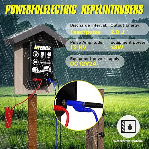AC/DC 2-in-1 Power Supply, Electric Fence Energizer for 10 Mile Preventing Wild Animal Intrusion, 40 Acre Coverage, 12V Input, 12KV 2 Joule Output, Deter Predators, Contain Cattle, Cow and Livestock