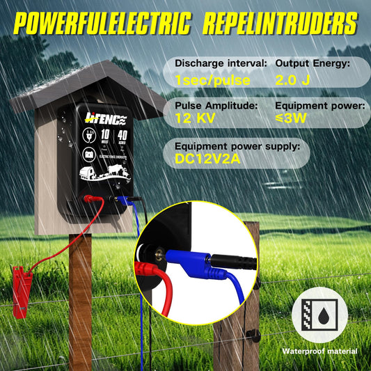AC/DC 2-in-1 Power Supply, Electric Fence Energizer for 10 Mile Preventing Wild Animal Intrusion, 40 Acre Coverage, 12V Input, 12KV 2 Joule Output, Deter Predators, Contain Cattle, Cow and Livestock