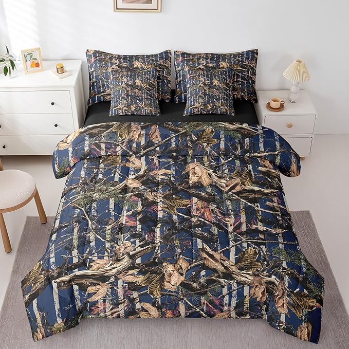 Feelyou Tree Branches 7 Pieces Bedding Set, for Kids Wild Hunting Leaf Bed Set King Size Botanical Tree Bed in a Bag with Comforter, Sheets, Pillowcases Bedroom Decor Nature Theme Navy Blue Brown