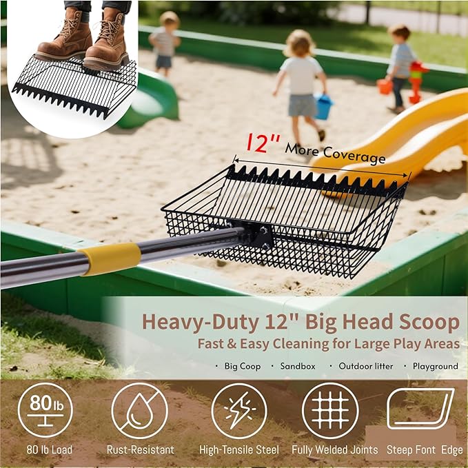 Chicken Coop Poop Scooper with Rake - Ergonomic 12" Sand Sifter Scoop, 65"Adjustable Long Handle, Heavy Duty Litter Pooper Cleaning Tool for Dust Bath,Chicken Run,Dog Yard, Farm Animals
