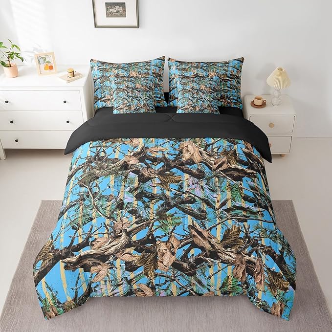 Feelyou Tree Branches 7 Pieces Bedding Set, for Kids Wild Hunting Leaf Bed Set Twin Size Botanical Tree Bed in a Bag with Comforter, Sheets, Pillowcases Bedroom Decor Nature Theme Blue Brown