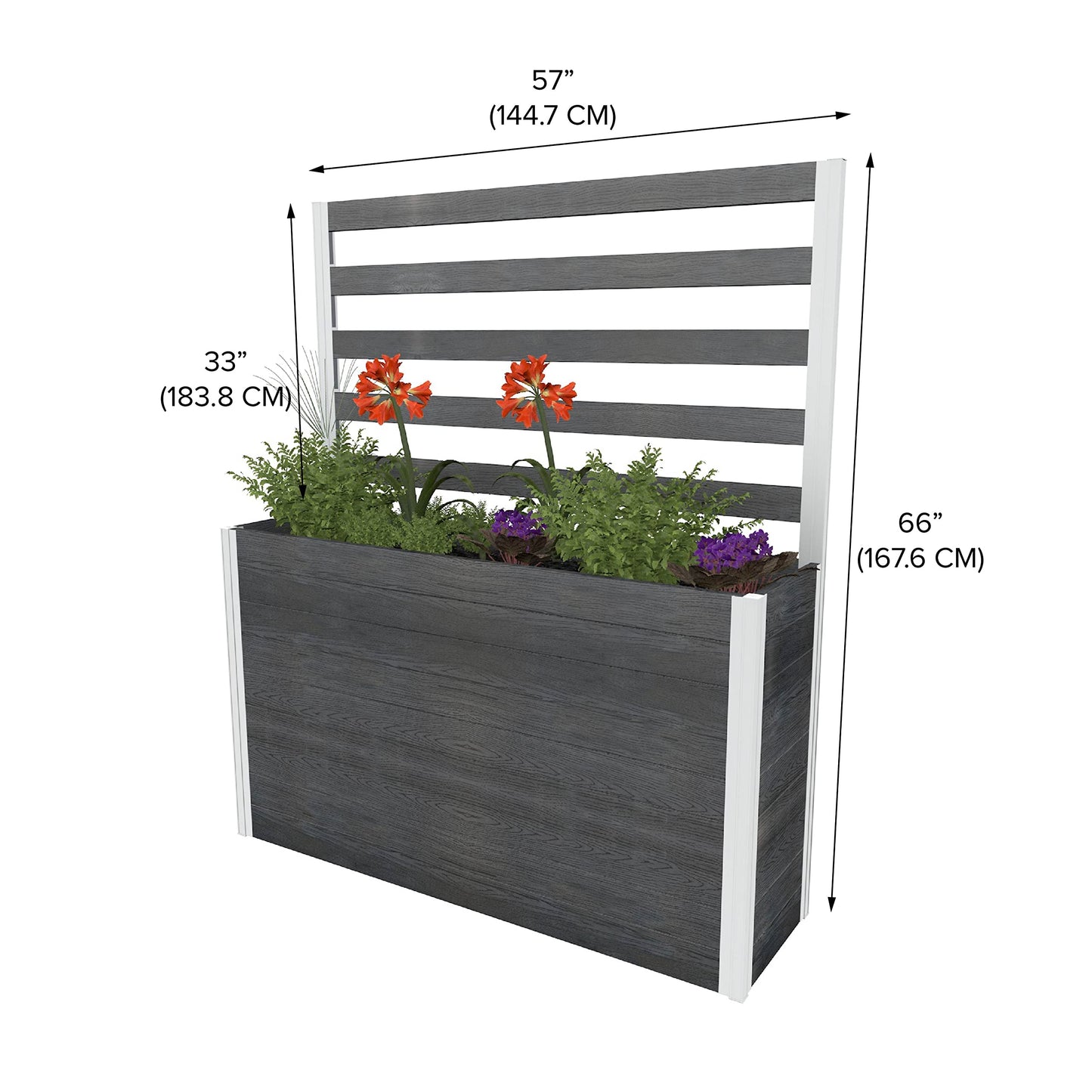 Vita Urbana 16 inch x 56 inch x 33 inch Embossed Vinyl Large Parklette Planter with Trellis, Slate Grey, Gray, Woodgrain, PVC, BPA and Pthalate Free, VT17634