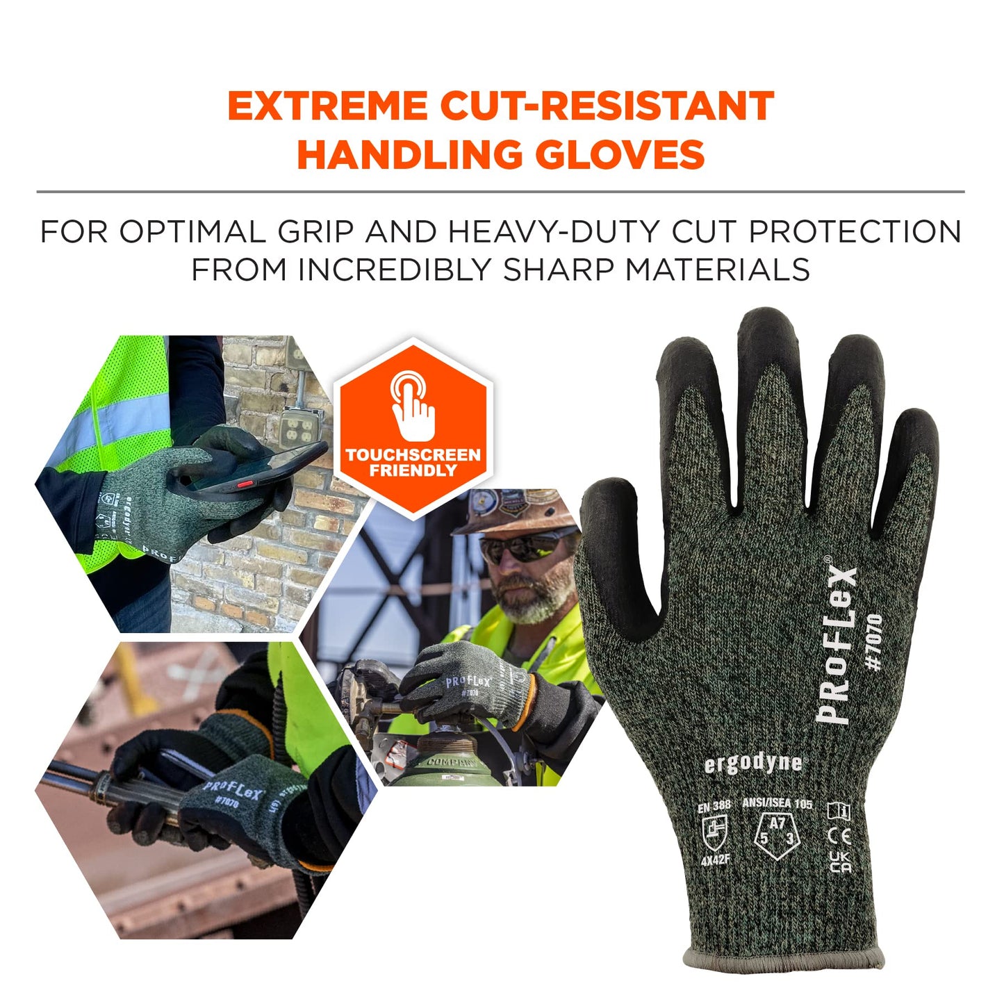 Ergodyne ProFlex 7070 Cut Resistant Work Gloves, ANSI A7, Contact Heat Resistant, Sandy Nitrile Coated Palms 13g Aramid