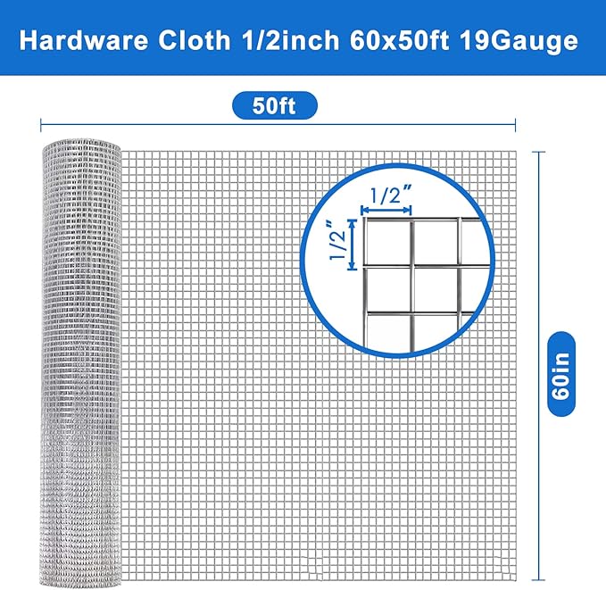 1/2 inch Galvanized Hardware Cloth 60" x 50' 19 Gauge - Durable Chicken Wire Fence Roll for Effective Garden Fencing, Tree Guards, Snake Fence Applications