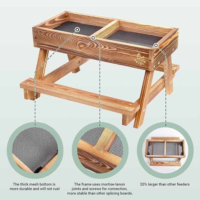 Chicken Feeders with Picnic Table, Handmade Carbonized Wooden Chicken Coop Accessories, Chicken Feeder No Waste, Mesh Bottom Keeps Food Fresh and Dry for Wild Birds, Ducks & Squirrels