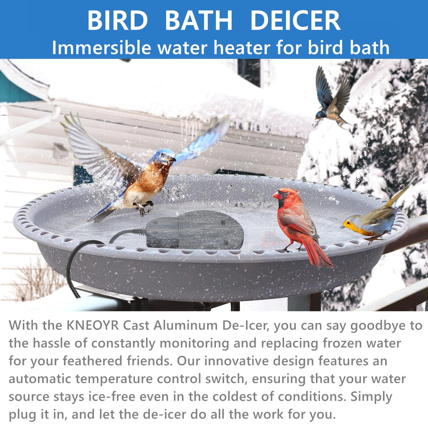 KNEOYR 500W De-icer Submersible Bird Bath Heater - Ideal for Livestock, Poultry, Horses, Cows, Birds, Chicken Waterers - Winter Use - Aluminum Cast for Efficiency