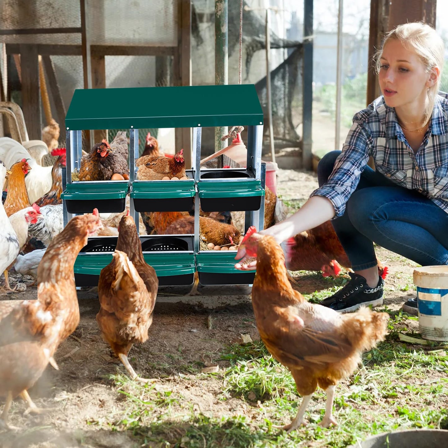Chicken Nesting Boxes, 6-Hole Roll Away Nest Box with Removable Lid, 2 Layer Hen Nest Boxes for Chickens, Metal Egg Laying Box for Chicken Coops, Duck Coops and Hens Green,with Stand