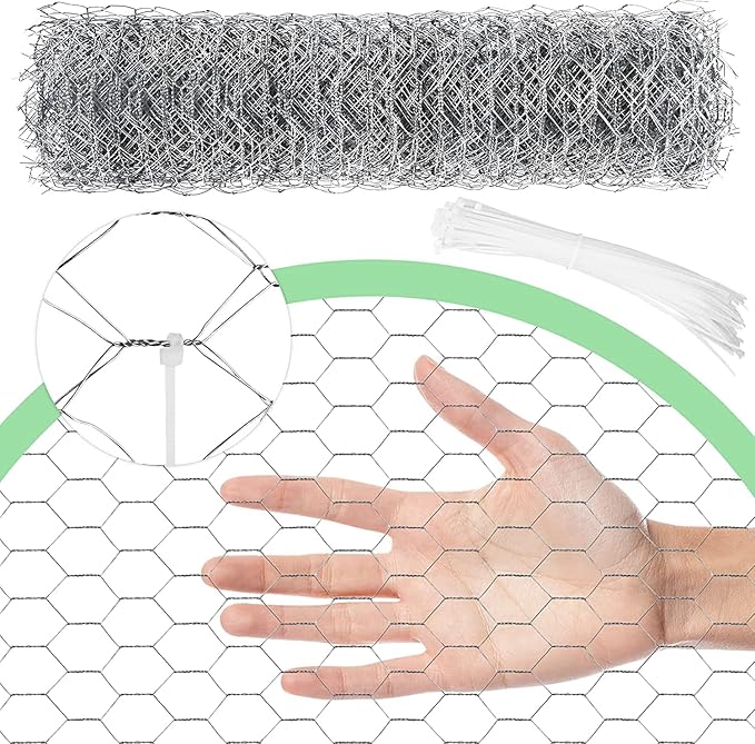 Chicken Wire 4 in x 787 in Poultry Wire Netting Hexagonal Galvanized Mesh Garden Fence Barrier for Pet Rabbit Chicken Fencing with 100 Pcs Cable Zip Ties