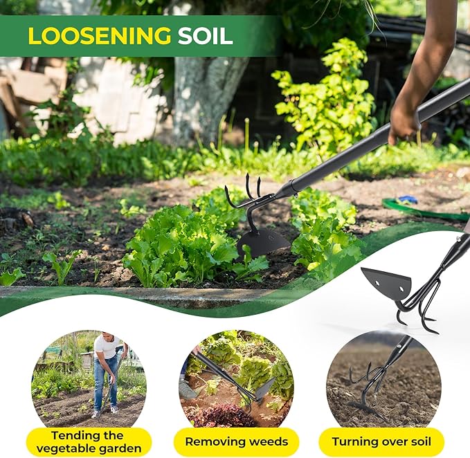 Garden Hoe 44 Inch Long Cultivator with Adjustable Long Handle - Heavy Duty Weeding & Soil Loosening Tool for Gardening, Lawn, and Yard Work