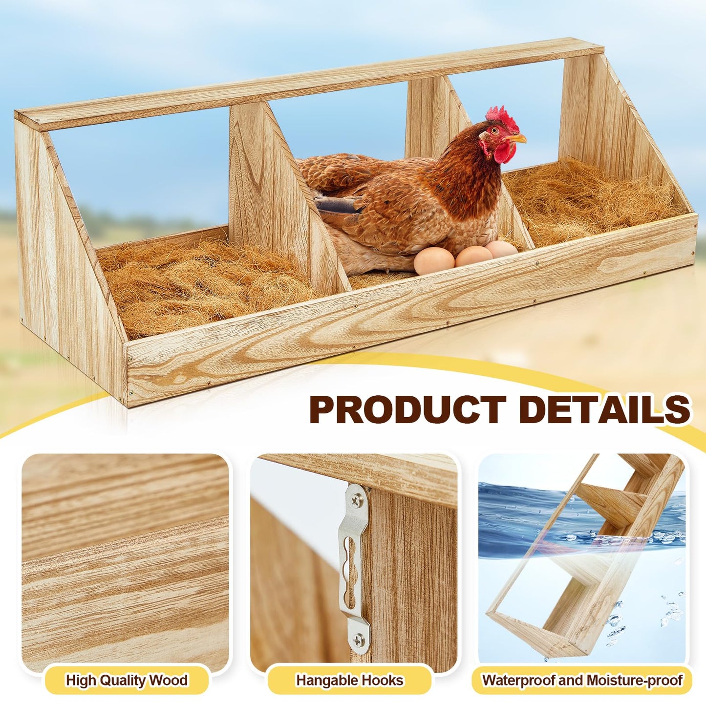 Thyle 1 Set Chicken Nesting Boxes 3 Compartment, Wood Chicken Laying Eggs Boxes Versatile Nesting Wall Mount for Hens Duck Poultry Coop Accessories