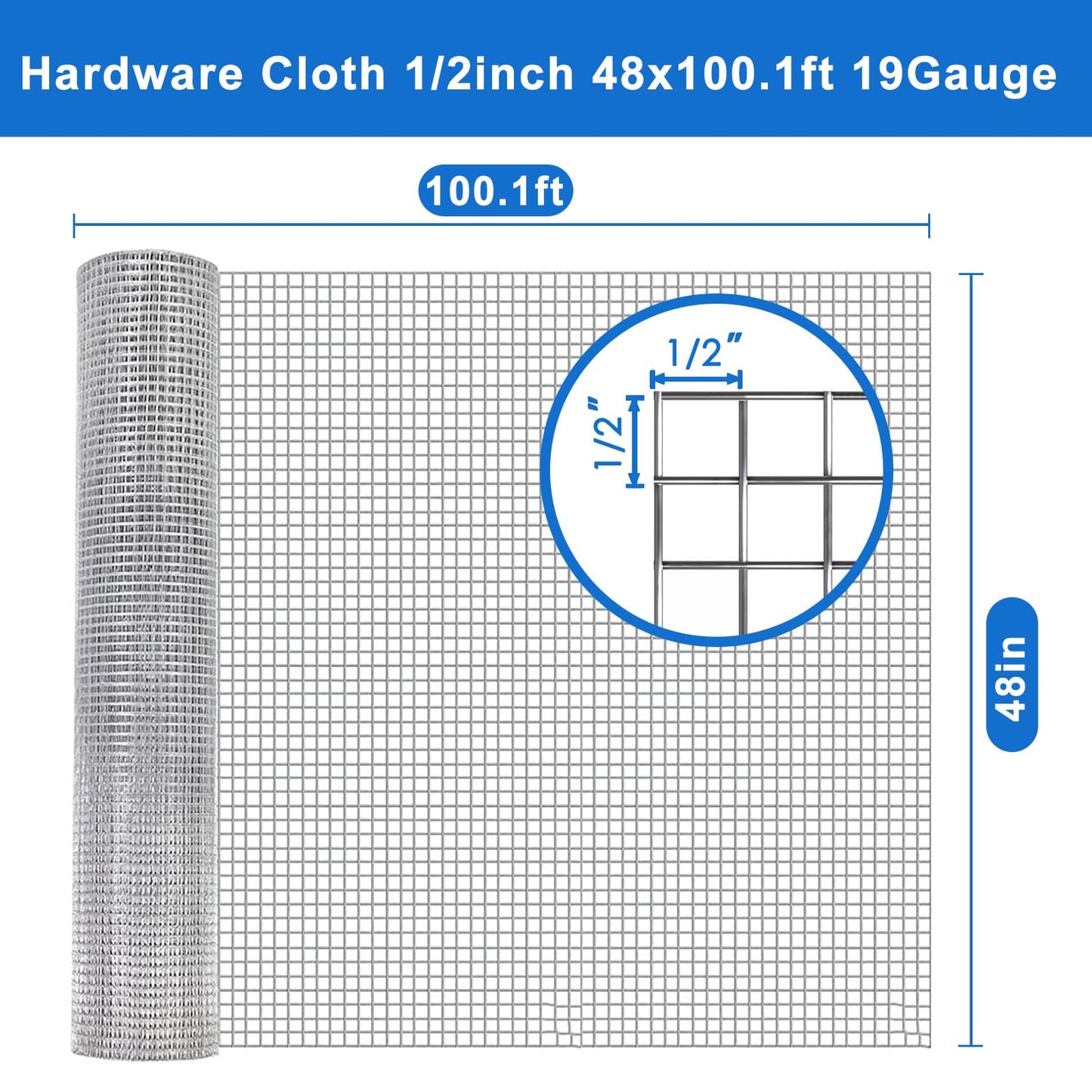 Metamesh 19 Gauge Hardware Cloth, 1/2 inch 48 inch x 100.1 Foot Chicken Wire Fence, Galvanized Welded Cage Wire Mesh Roll Supports Poultry Netting Cage