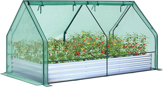 Ohuhu Raised Garden Bed with Greenhouse, 8x4x1 FT Galvanized Metal Planter Box with PE Cover, 4 Doors for Ventilation, 3-in-1 Gardening Set for Vegetable Flower Herb Succulent
