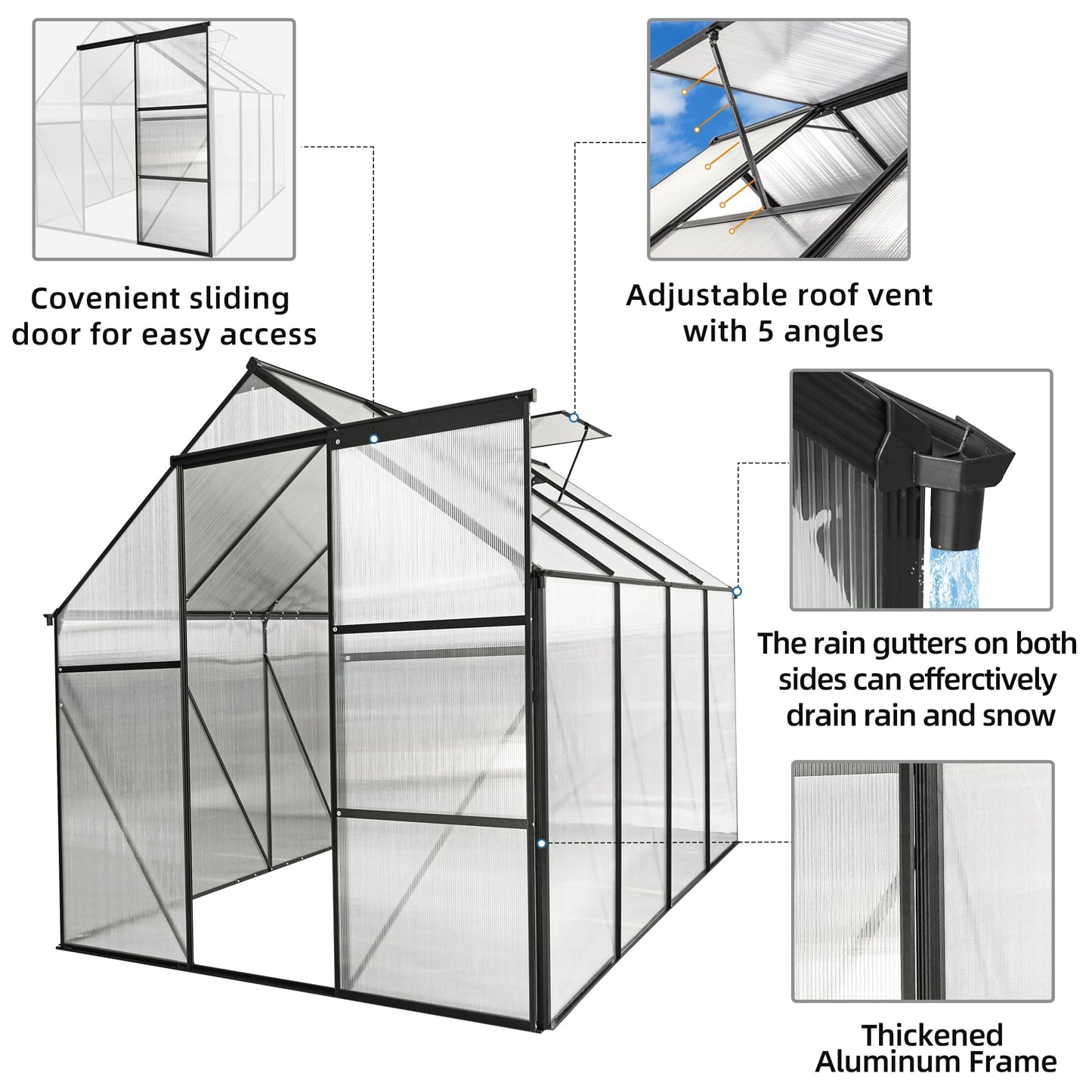 KELRIA 6x8 FT Heavy Duty Walk-in Hobby Greenhouses, Polycarbonate Greenhouse with Sliding Doors and Adjustable Roof Vent, Aluminum Sunroom Green House for Outdoor Garden Backyard, Black
