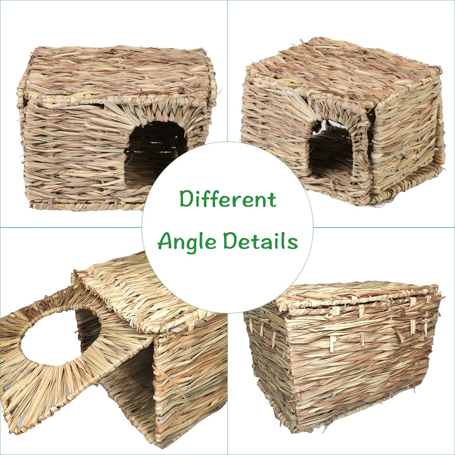 Hamiledyi 2PCS Large Grass House for Rabbit, Edible Bunny Hut Natural Grass Woven Foldable Pet Play Hideaway Hay Mat Chew Toys for Guinea Pig Hamster Chinchilla 14.5x11.4x10.2 inches