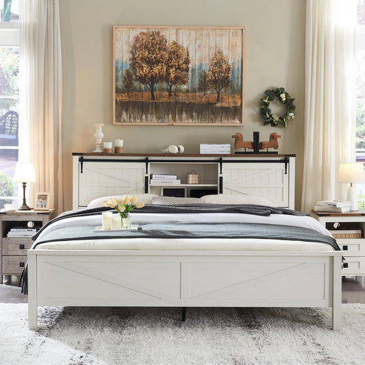 T4TREAM Farmhouse Full Size Bed Frame w/Storage Bookcase Headboard, Sliding Barn Door, Charging Station, Rustic Wood Platform Bed w/Wood Slats Support, No Box Spring Needed, Antique White
