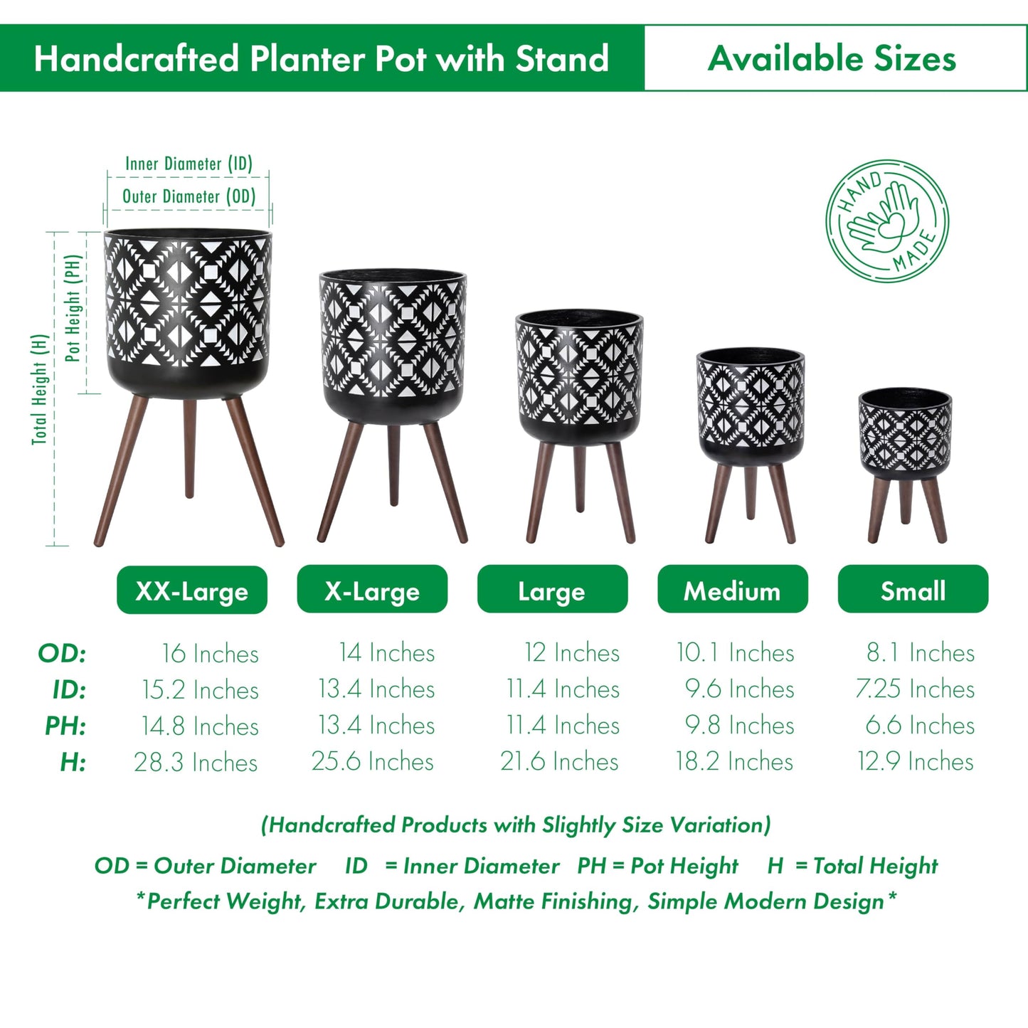 D'vine Dev 16 Inch Planter Pot with Stand, Mid-Century Tall Plant Pot with Legs for Indoor Plants, White/Black, 88-G-E-4