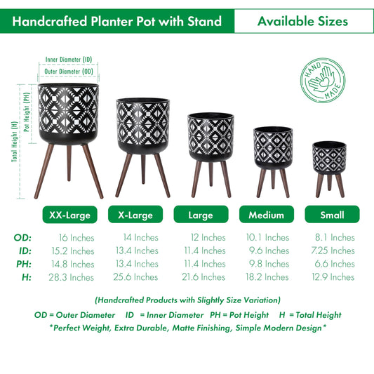 D'vine Dev 16 Inch Planter Pot with Stand, Mid-Century Tall Plant Pot with Legs for Indoor Plants, White/Black, 88-G-E-4