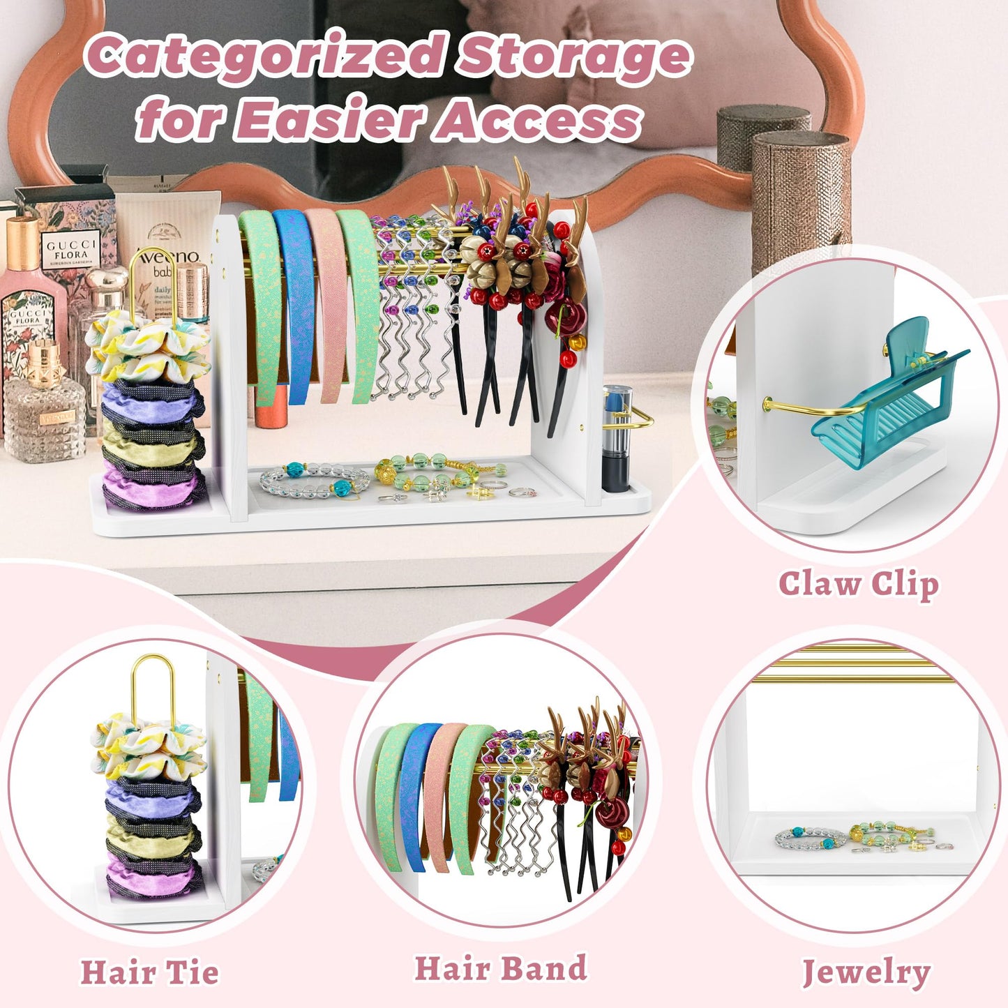 BEGULF 3 In 1 Headband Holder Organizer for Women, Versatile Headband Storage, Metal Headband Stand with Wood Base and Scrunchie Holder, Headband Display for Hair Accessories, Jewelry (White)