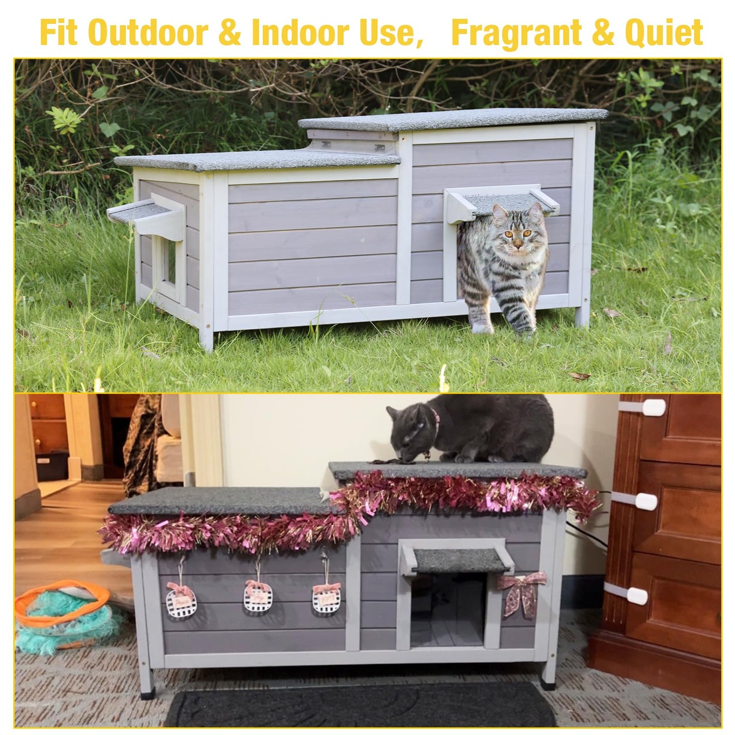 Aivituvin Outdoor Cat House，Double Rooms Waterproof Outside Feral Cat Shelter for Winter 100% Wood