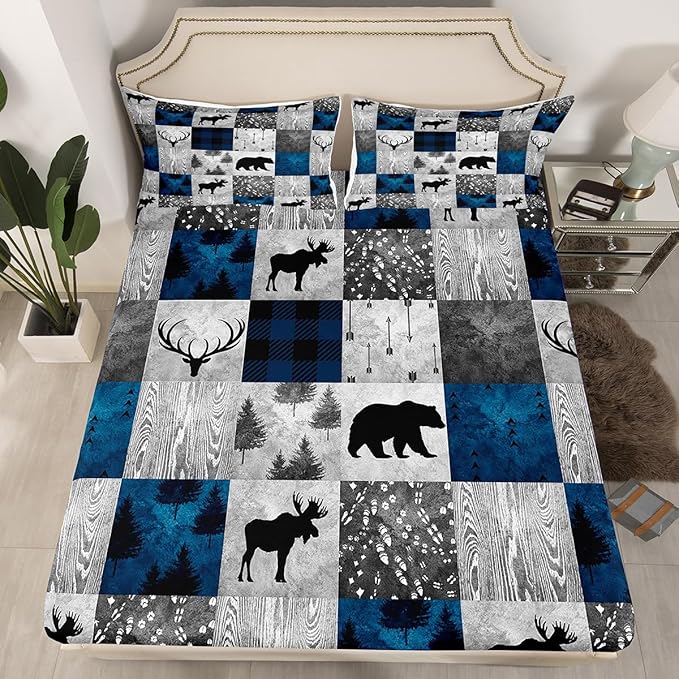Rustic Bear Sheet Set King,Deer Antlers Moose Bed Sheets,Woodland Hunting Animal Bedding Set Home Room Decor,Vintage Wooden Jungle Animal Patchwork Fitted Sheet + Flat Sheet Soft + 2 Pillowcases